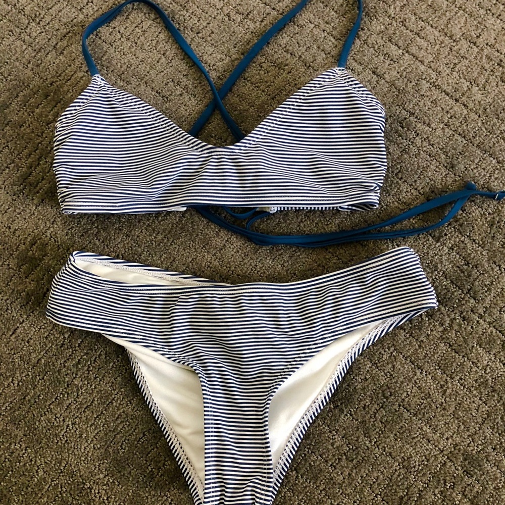 Blue stripe bikini.